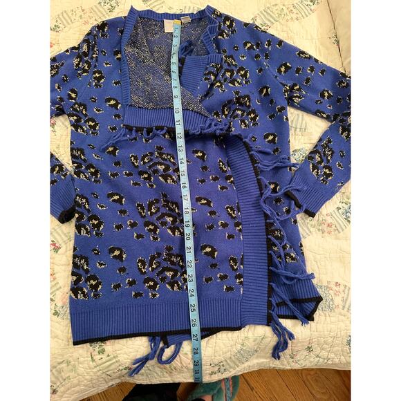 BOHO BLUE ANIMAL PRINT LEOPARD FRINGED CARDIGAN SWEATER S/M - Picture 6 of 10